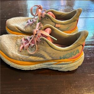 Hoka Women's Running Shoes in Beige with Pink and Yellow Accents